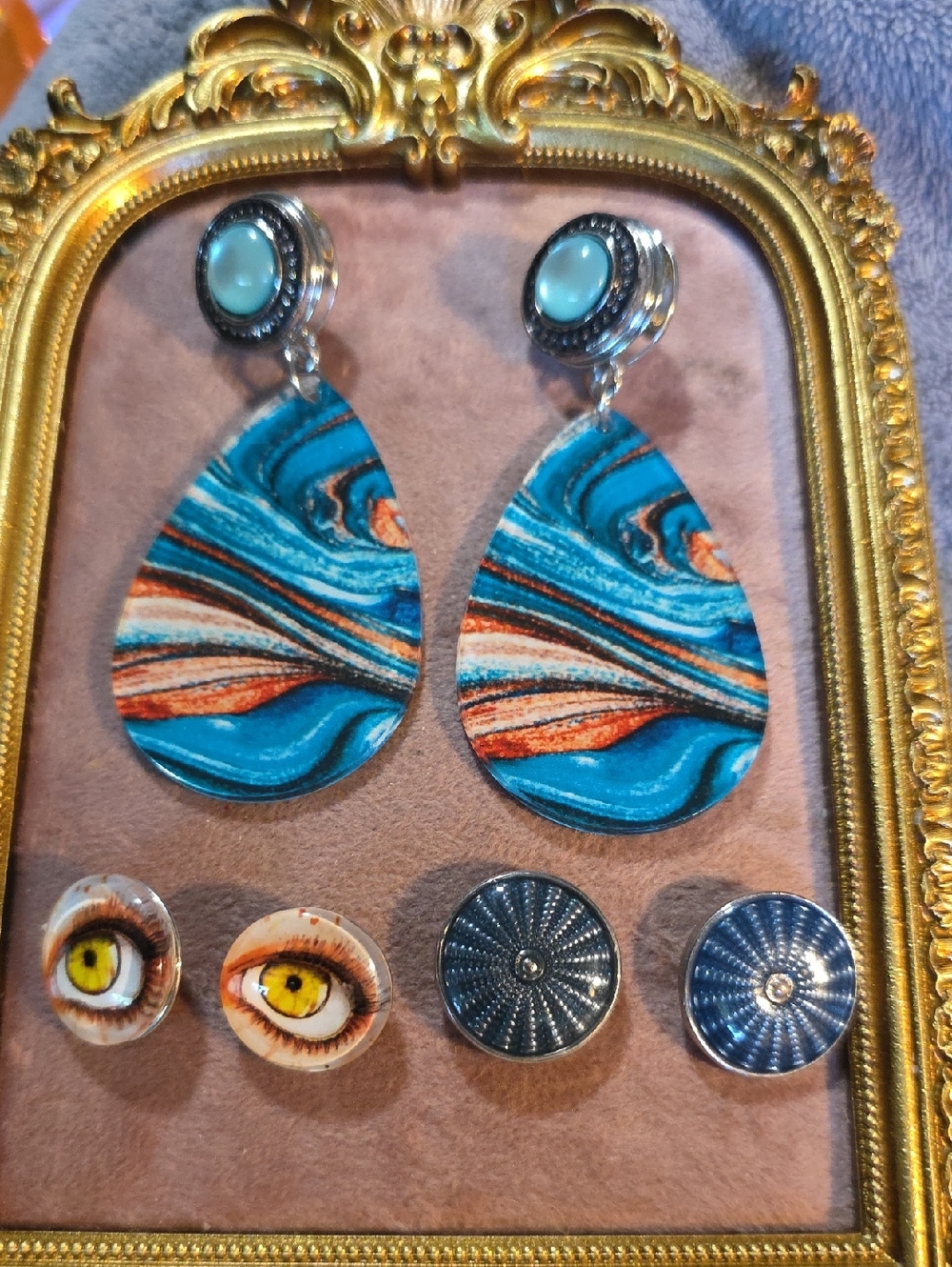 Vintage Ginger Snaps Blue & Orange Swirl Teardrop Earrings With 6 Snaps